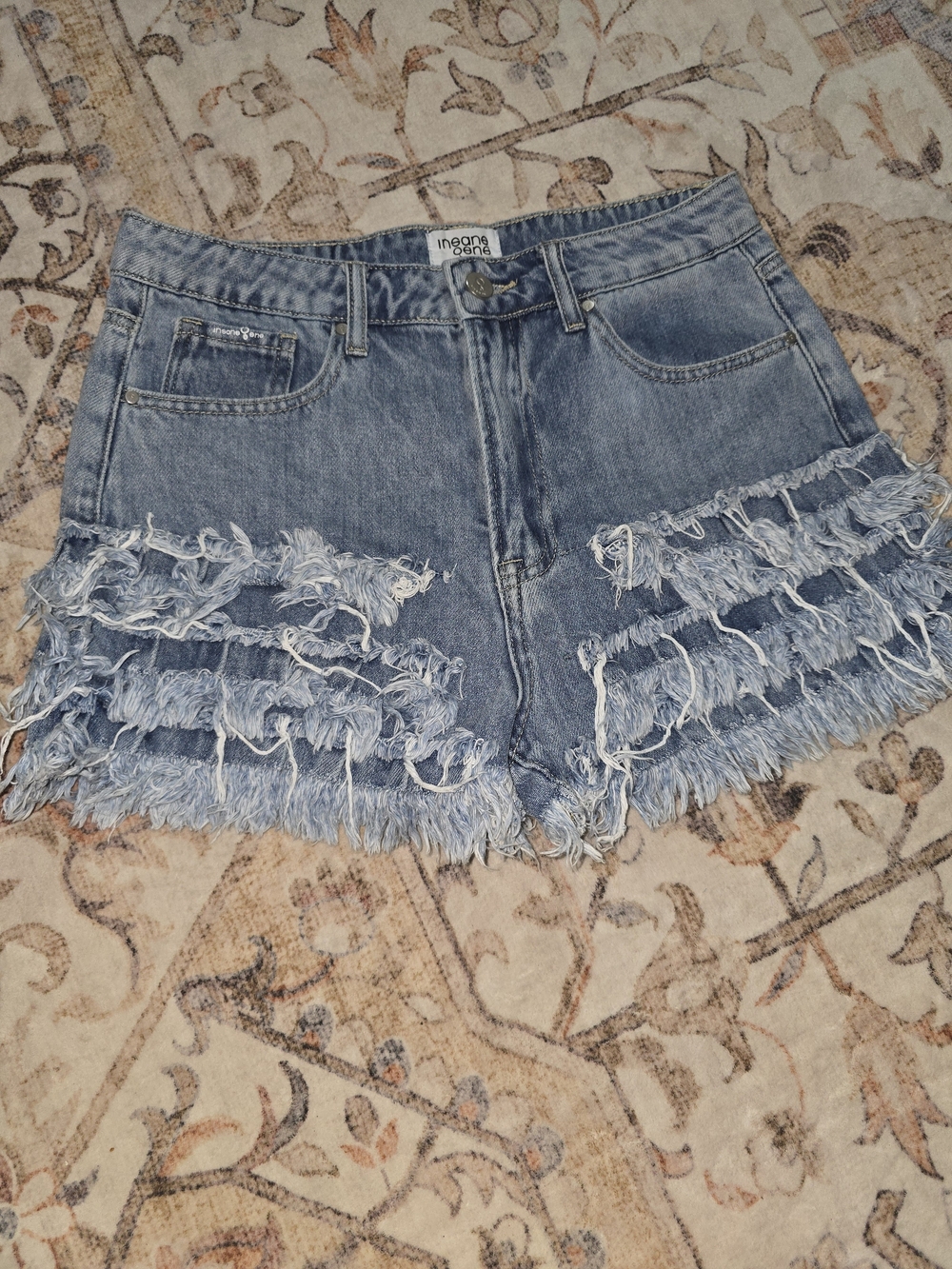 Fringed Light Denim Jean Shorts with Layered Tassels